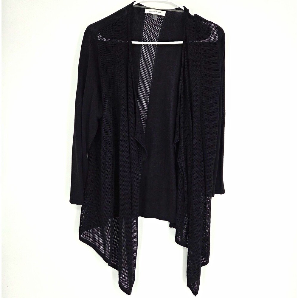 August Silk Womens Black Open Knit Sheer Cardigan Sweater Long Sleeve Size Large
